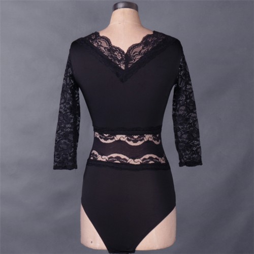 Black v neck long sleeves lace patchwork sexy fashion women's female competition gymnastics latin ballroom dance tops bodysuits